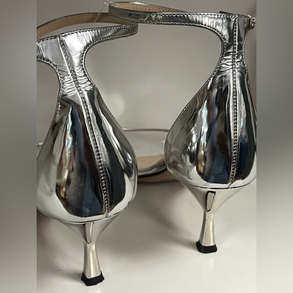 21. PRADA Silver Brushed Metallic Calf-skin Open Toe Heels 38 - Picture 13 of 15